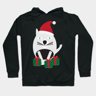 White Black Cartoon Cat with Santa Hat and Green Red Gifts Hoodie